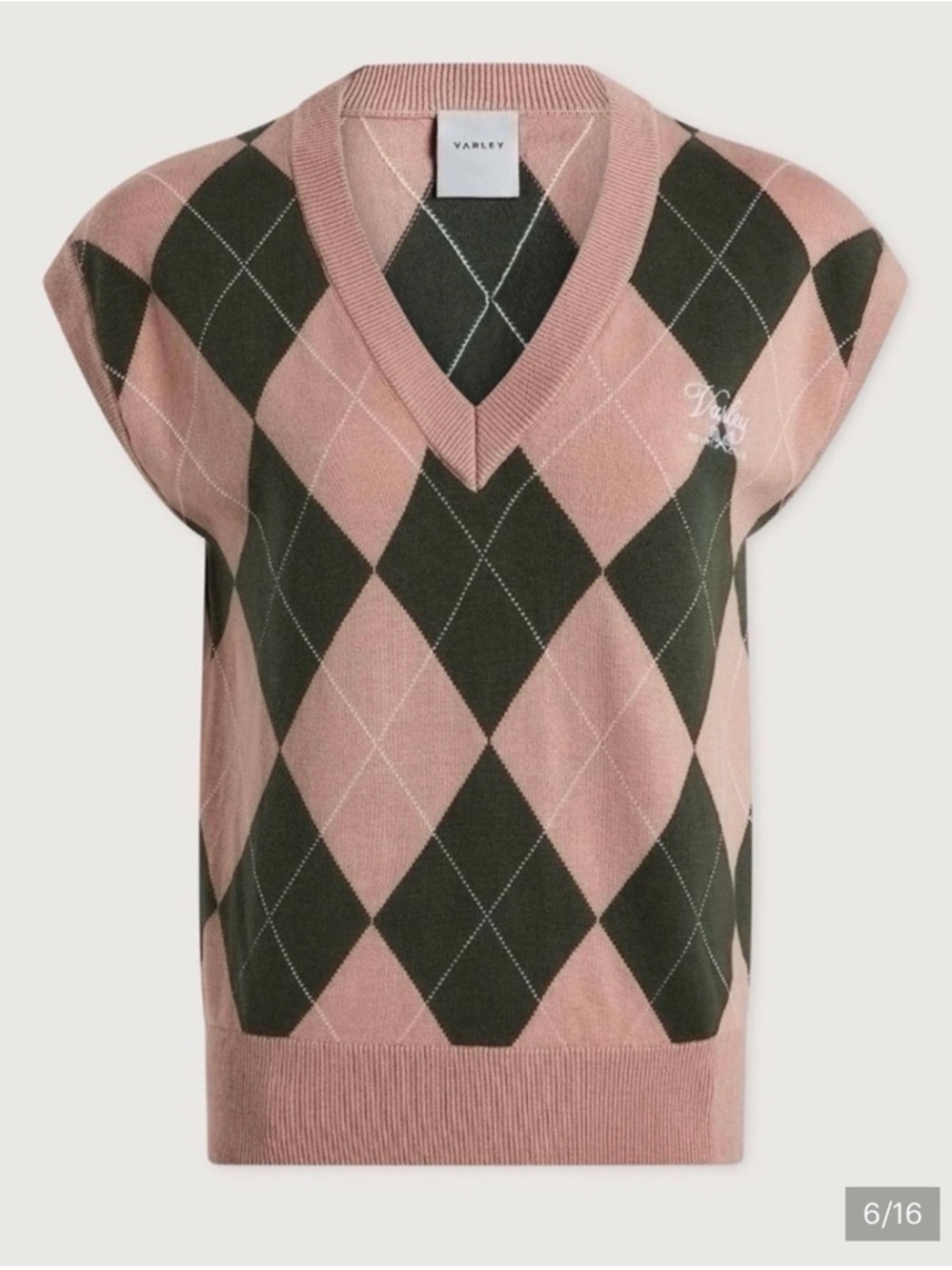 Varley Pink and Dark Green Argyle V-Neck Pullover